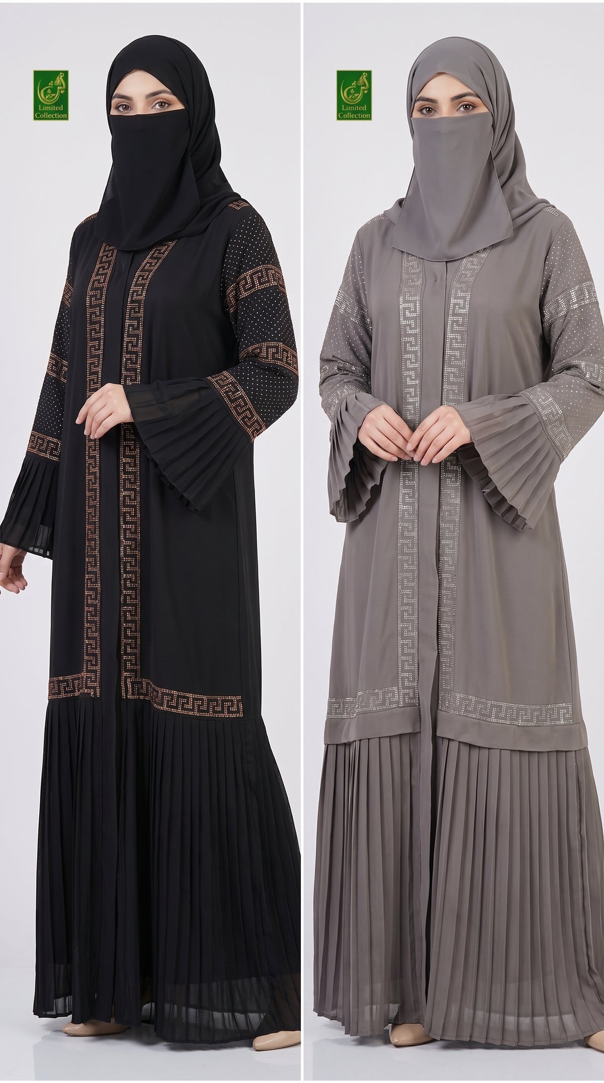 Front-Open Frill Stonework Abaya | Premium Nida Pleated Panel Stone-Studded Abaya
