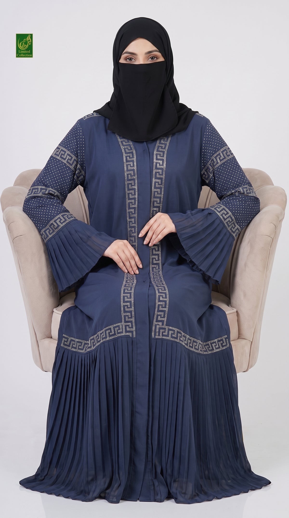 Front-Open Frill Stonework Abaya | Premium Nida Pleated Panel Stone-Studded Abaya