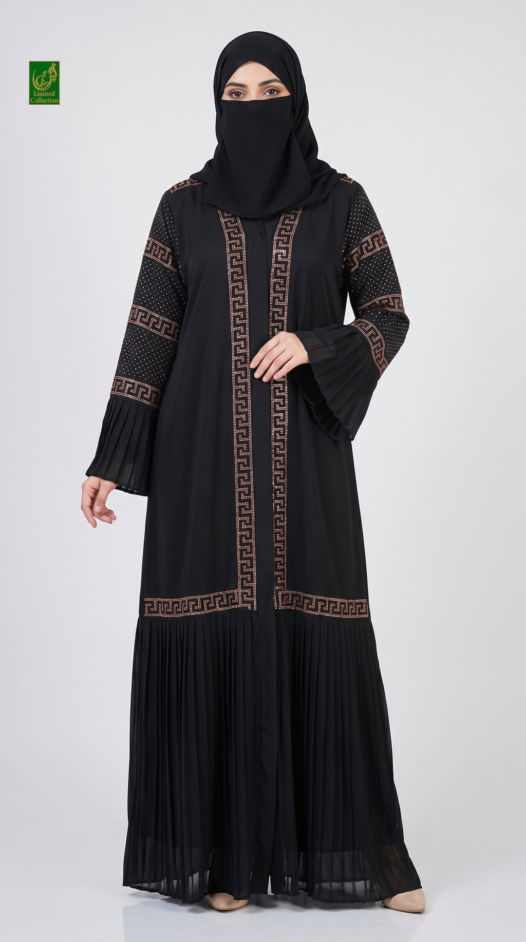 Front-Open Frill Stonework Abaya | Premium Nida Pleated Panel Stone-Studded Abaya