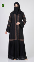 Front-Open Frill Stonework Abaya | Premium Nida Pleated Panel Stone-Studded Abaya