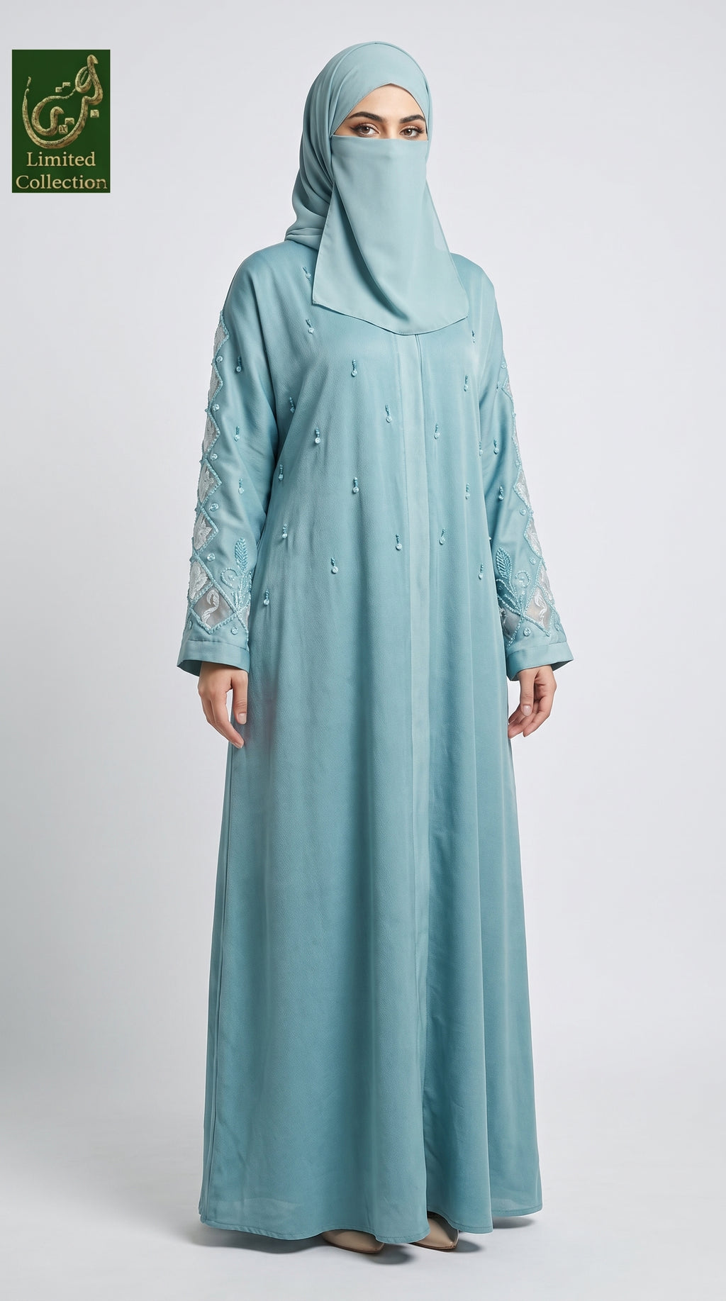 Front-Open Dew-Drop Handwork Cutdana Abaya | Premium Romantic Nida Handcrafted Cutdana Abaya