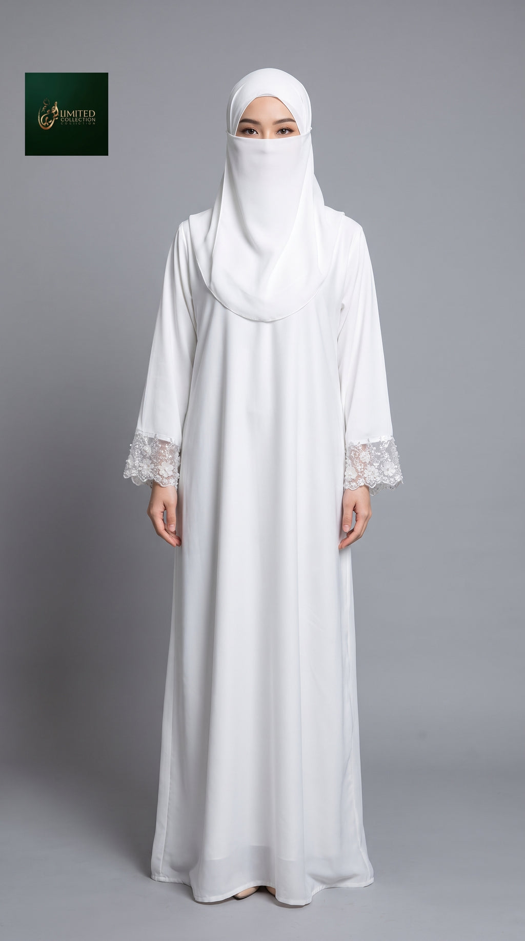 Front-Closed Handcrafted Cutdana Cuffs White Maxi Abaya | Premium Nida White Handwork Cutdana Abaya
