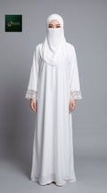 Front-Closed Handcrafted Cutdana Cuffs White Maxi Abaya | Premium Nida White Handwork Cutdana Abaya