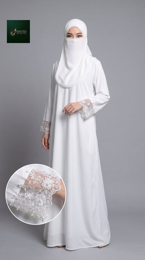 Front-Closed Handcrafted Cutdana Cuffs White Maxi Abaya | Premium Nida White Handwork Cutdana Abaya