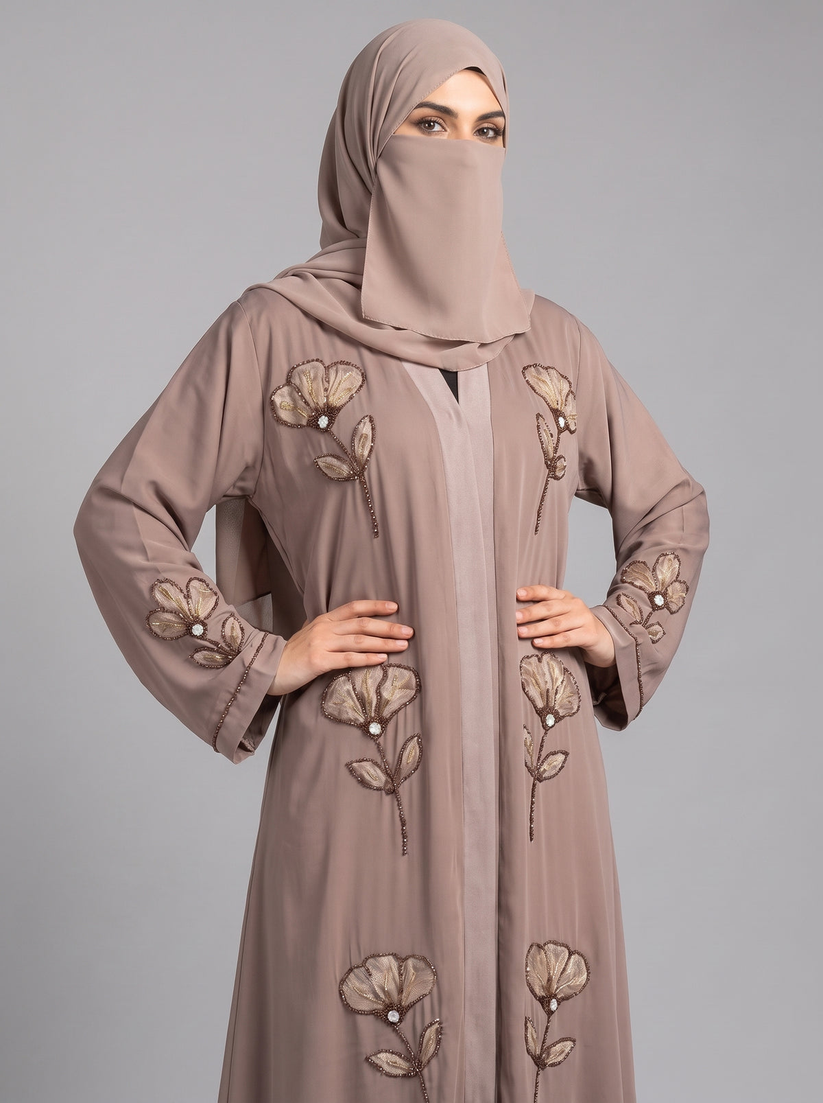 Front-Open Handcrafted Poppy Tissue Cutdana Abaya | Premium Romantic Nida Handwork Cutdana Abaya