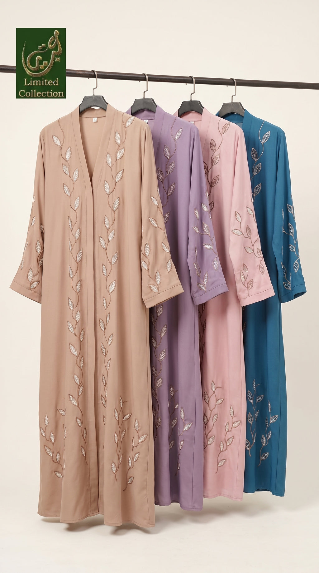 Front-Open Vine Leaf Embroidered Abaya | Premium Romantic Nida Colored Embroidery Abaya