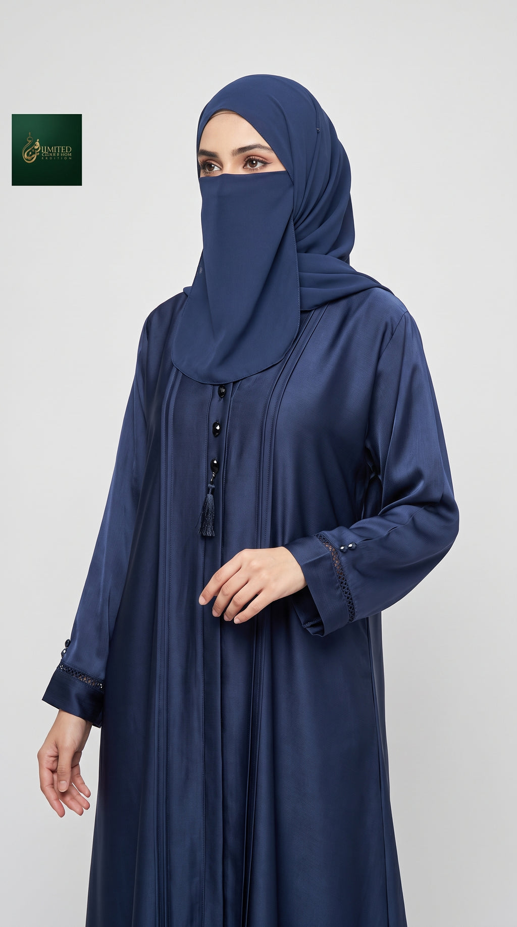 Front-Open Pleated Abaya with Crystal Buttons & Tassel | Premium Romantic Nida Handcrafted Cutdana Abaya