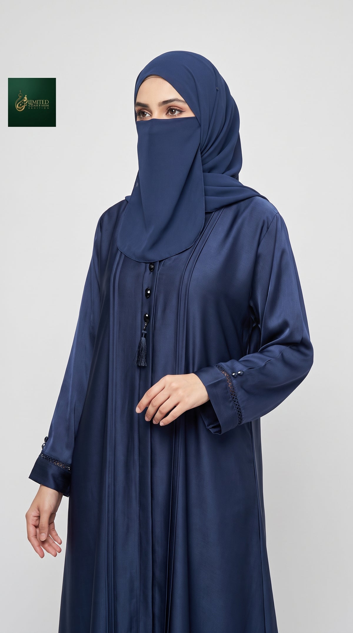 Front-Open Pleated Abaya with Crystal Buttons & Tassel | Premium Romantic Nida Handcrafted Cutdana Abaya