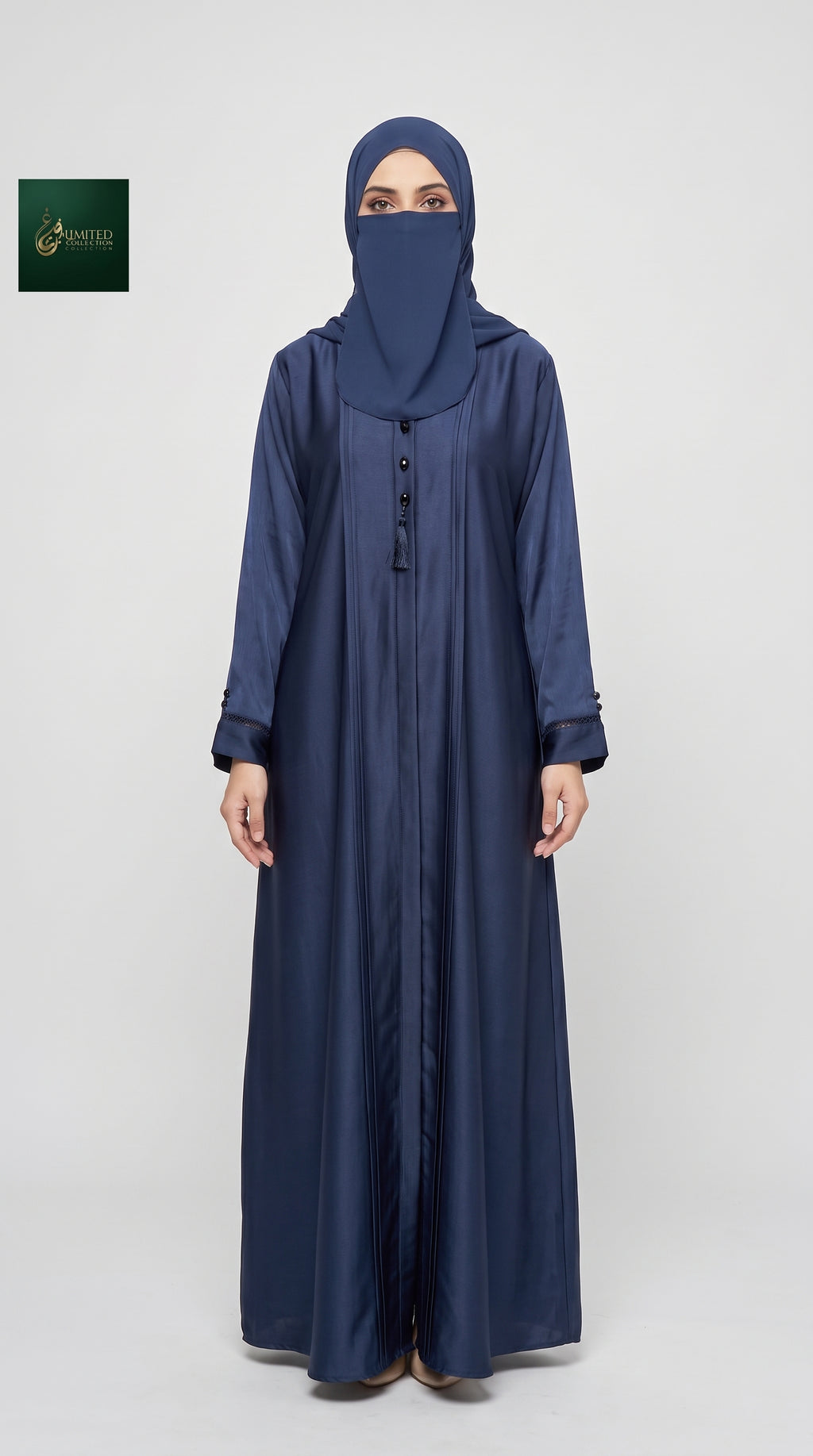 Front-Open Pleated Abaya with Crystal Buttons & Tassel | Premium Romantic Nida Handcrafted Cutdana Abaya