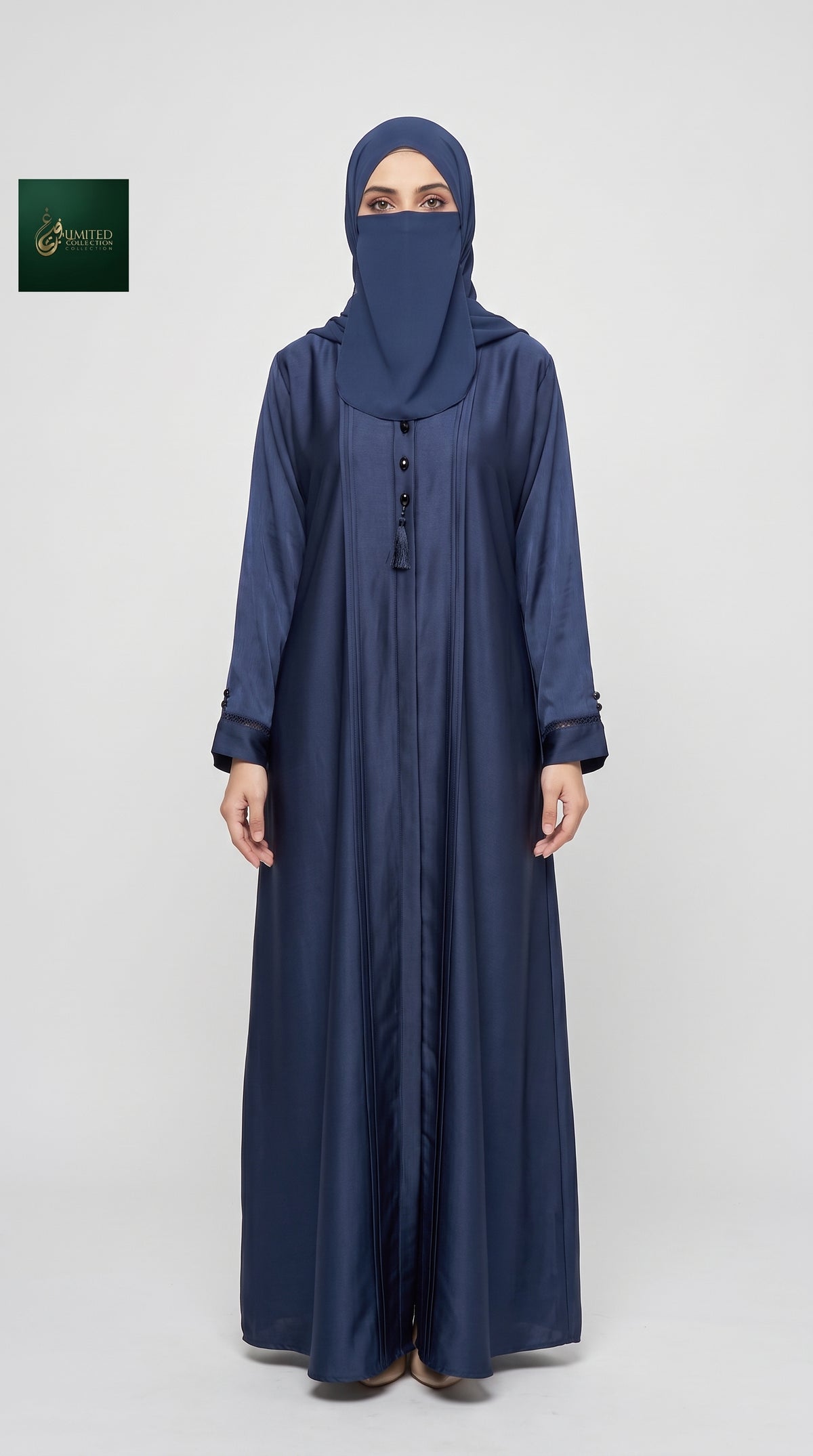 Front-Open Pleated Abaya with Crystal Buttons & Tassel | Premium Romantic Nida Handcrafted Cutdana Abaya