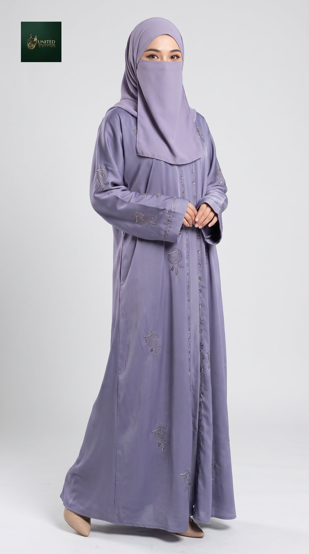 Front-Open Stonework Abaya with Side Pockets | Premium Romantic Nida Stone-Studded Colored Abaya