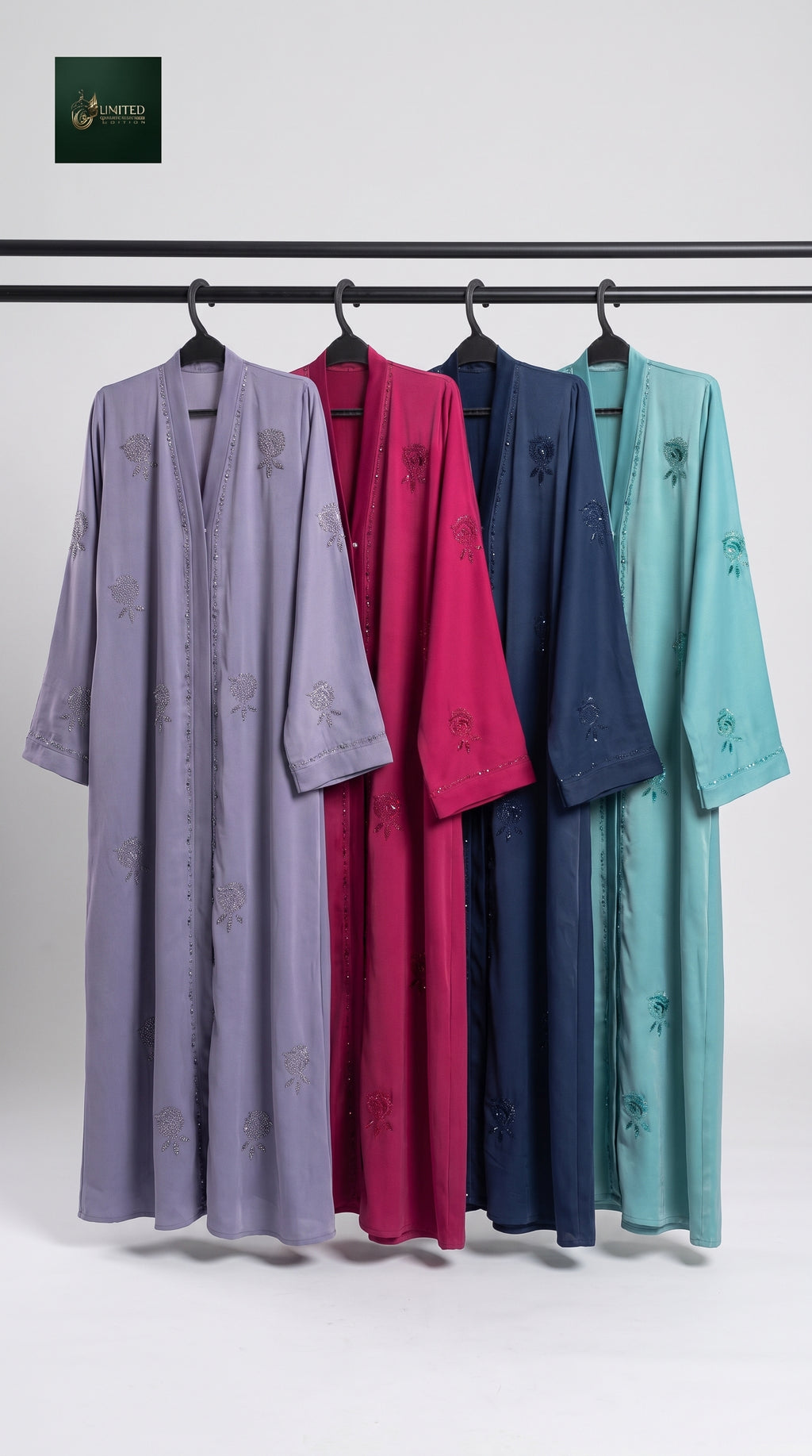 Front-Open Stonework Abaya with Side Pockets | Premium Romantic Nida Stone-Studded Colored Abaya