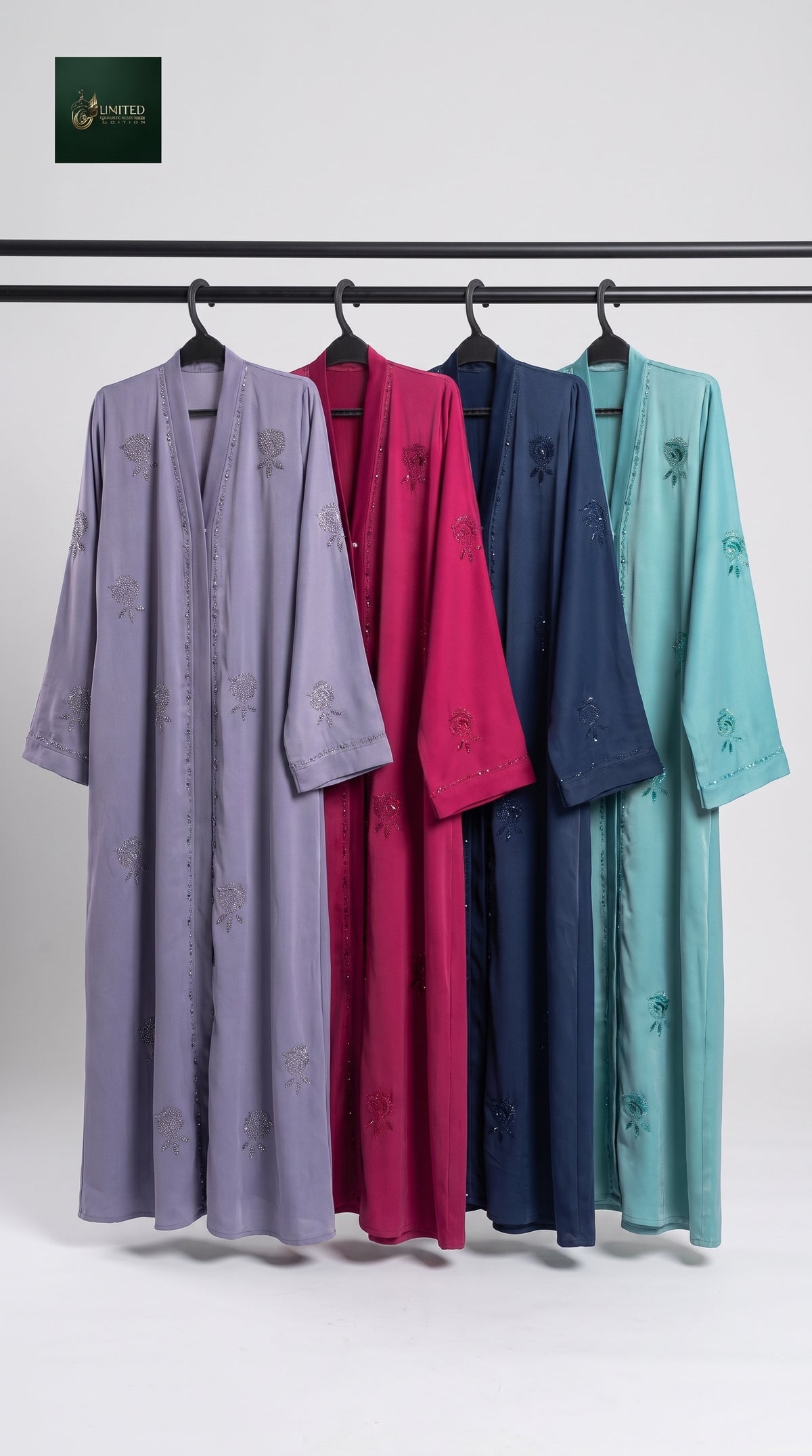 Front-Open Stonework Abaya with Side Pockets | Premium Romantic Nida Stone-Studded Colored Abaya