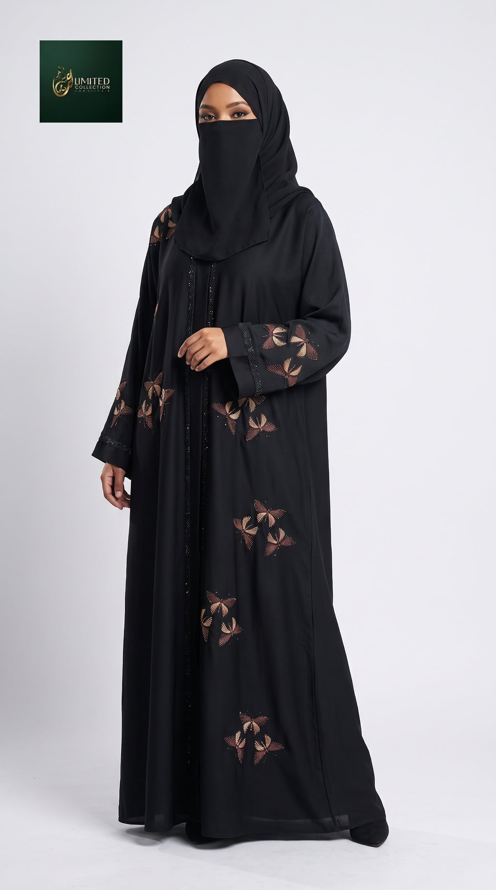 Front-Open Scattered Butterfly Stonework Embroidery Black Abaya | Premium Nida Black Stonework Embroidered Abaya
