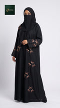 Front-Open Scattered Butterfly Stonework Embroidery Black Abaya | Premium Nida Black Stonework Embroidered Abaya