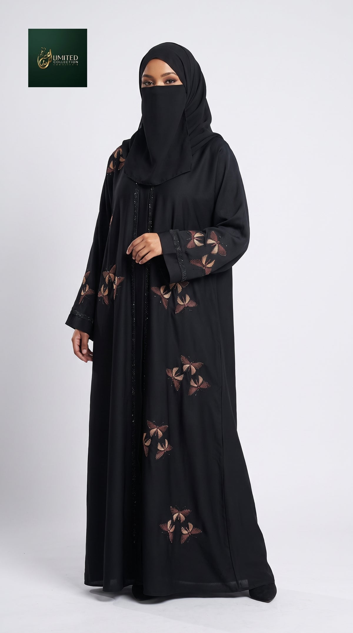 Front-Open Scattered Butterfly Stonework Embroidery Black Abaya | Premium Nida Black Stonework Embroidered Abaya