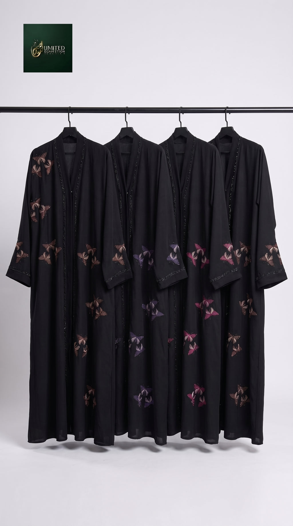 Front-Open Scattered Butterfly Stonework Embroidery Black Abaya | Premium Nida Black Stonework Embroidered Abaya