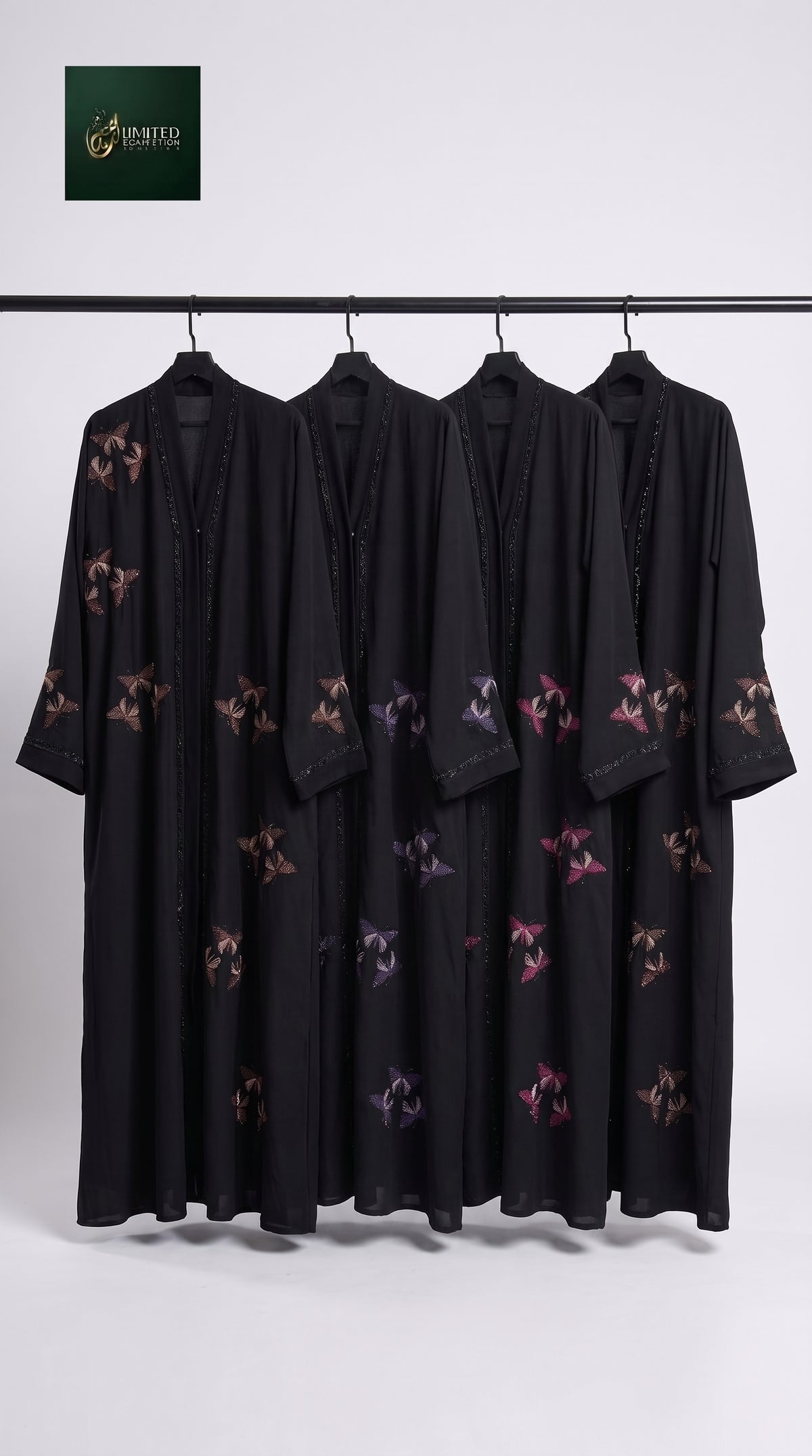 Front-Open Scattered Butterfly Stonework Embroidery Black Abaya | Premium Nida Black Stonework Embroidered Abaya