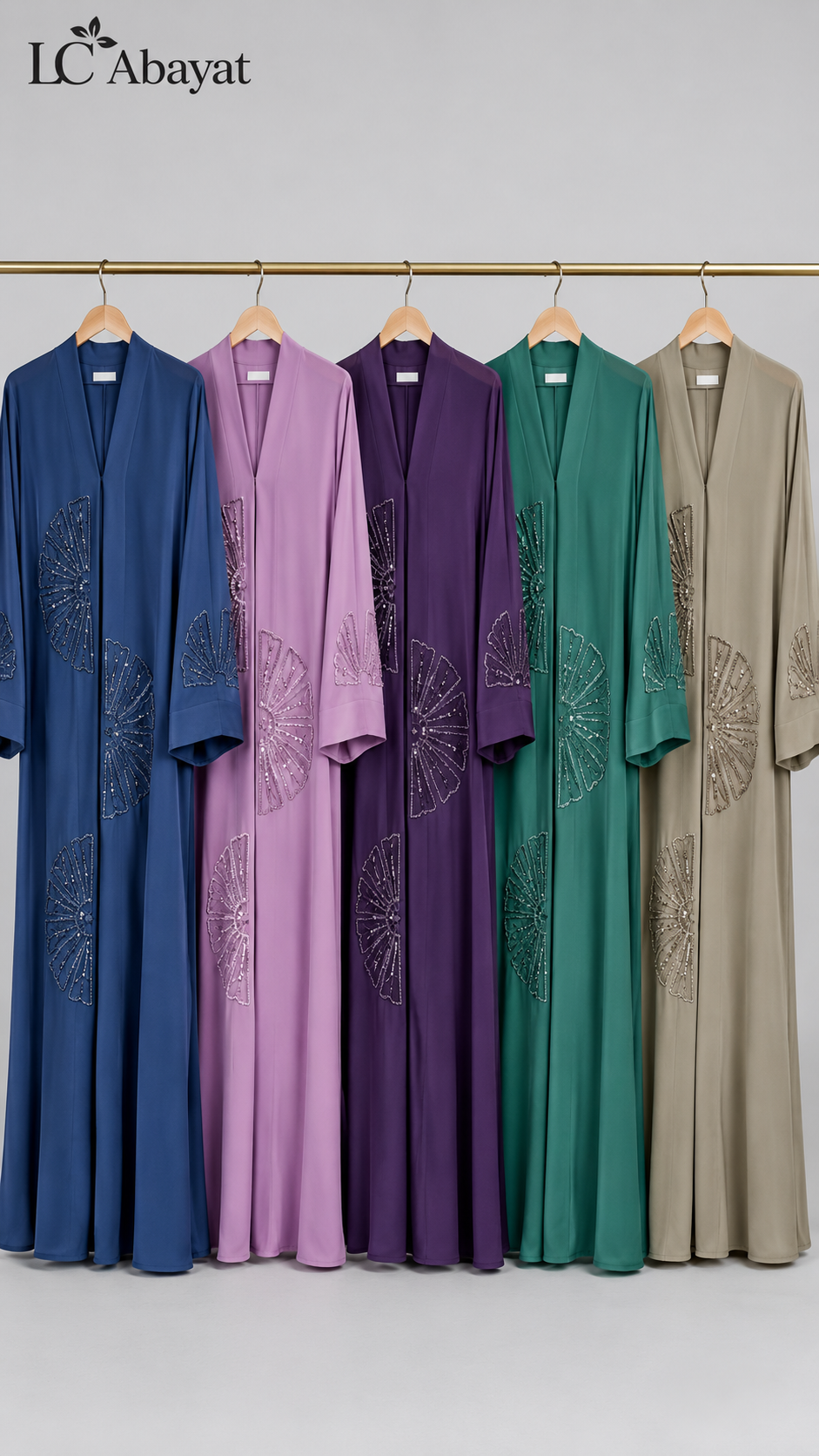 Front-Open Handcrafted Fan Blossom Tissue Cutdana Abaya | Premium Romantic Nida Handwork Cutdana Colored Abayas