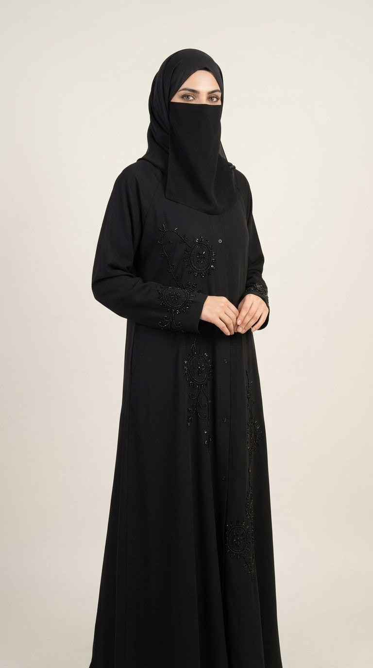 Front-Open Handcrafted Medallion Vine Cutdana Black Abaya | Premium Romantic Nida Long Flare Handwork Cutdana Abaya