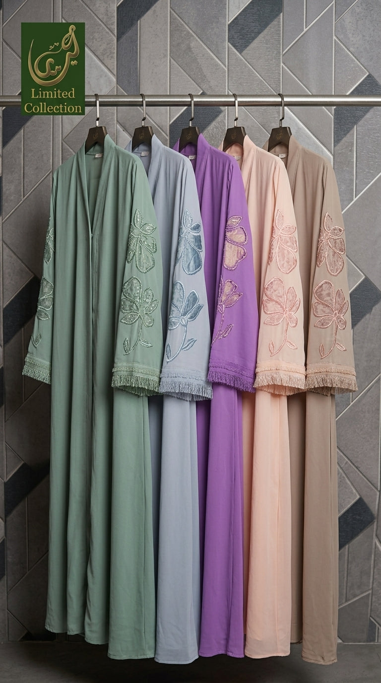 Front-Open Magnolia Floral Cutdana Handwork & Fringe-Cuff Abaya | Premium Moss Chiffon Abaya with Matching Scarf
