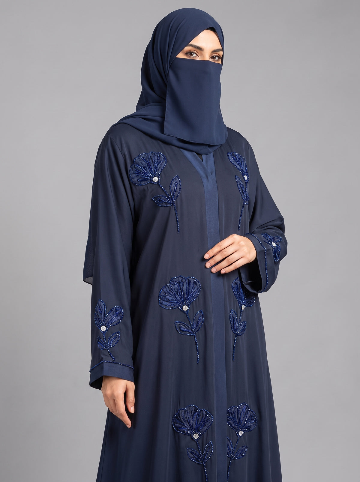 Front-Open Handcrafted Poppy Tissue Cutdana Abaya | Premium Romantic Nida Handwork Cutdana Abaya