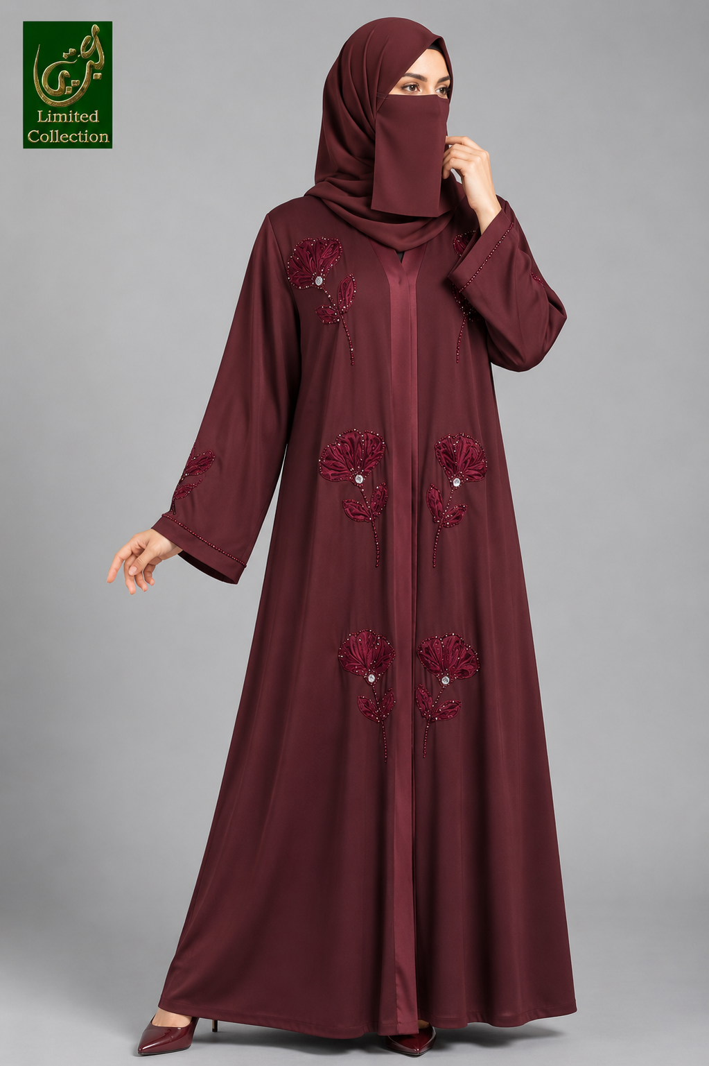 Front-Open Handcrafted Poppy Tissue Cutdana Abaya | Premium Romantic Nida Handwork Cutdana Abaya