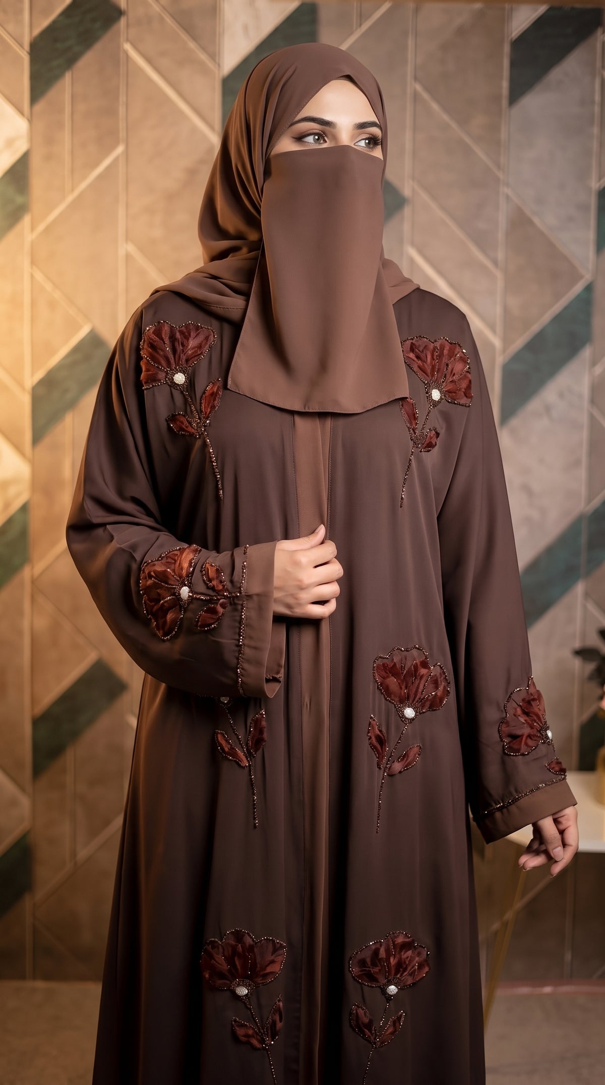 Front-Open Handcrafted Poppy Tissue Cutdana Abaya | Premium Romantic Nida Handwork Cutdana Abaya
