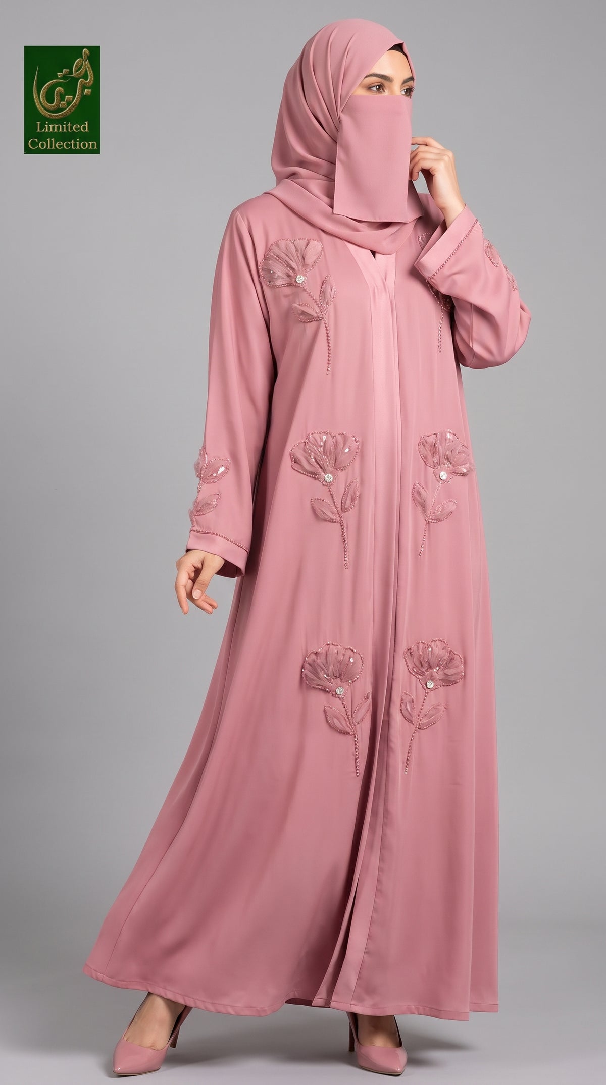 Front-Open Handcrafted Poppy Tissue Cutdana Abaya | Premium Romantic Nida Handwork Cutdana Abaya