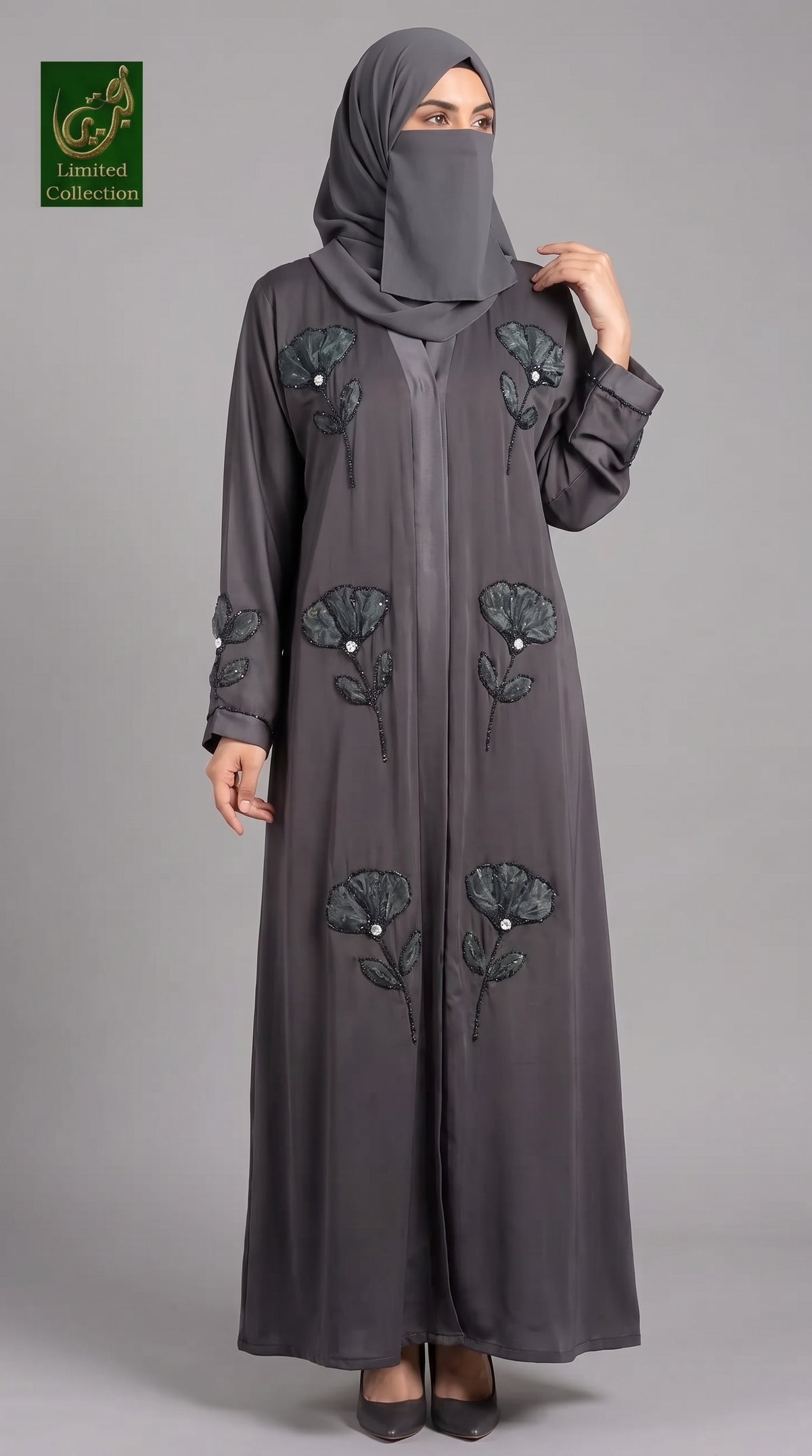 Front-Open Handcrafted Poppy Tissue Cutdana Abaya | Premium Romantic Nida Handwork Cutdana Abaya