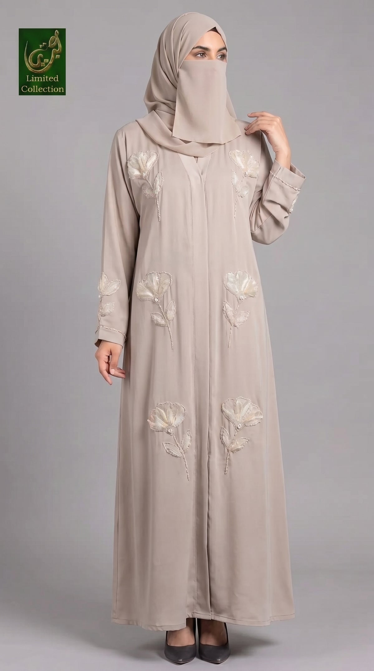 Front-Open Handcrafted Poppy Tissue Cutdana Abaya | Premium Romantic Nida Handwork Cutdana Abaya