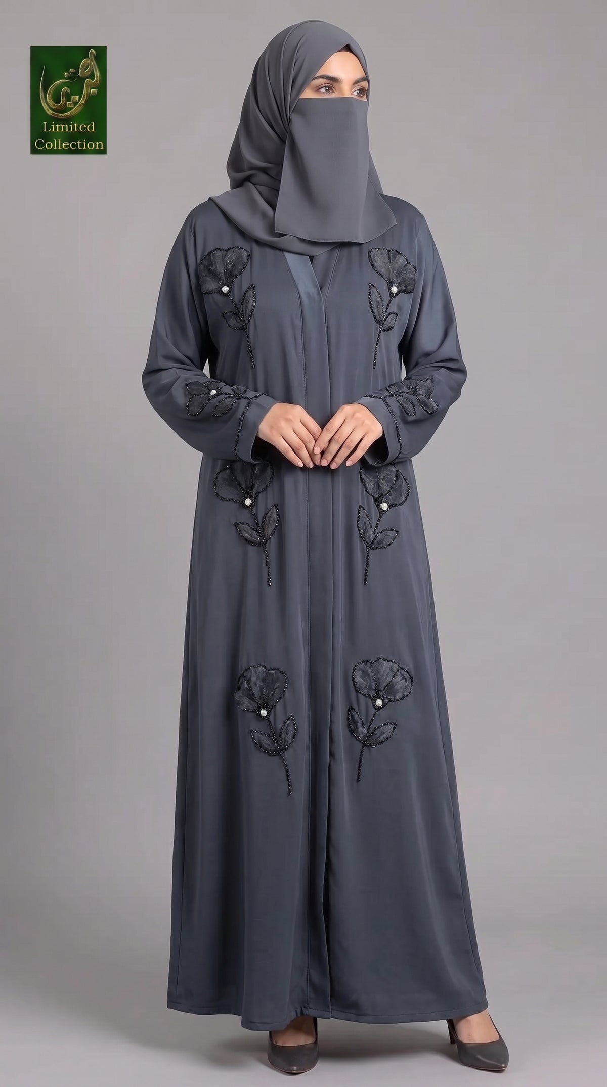 Front-Open Handcrafted Poppy Tissue Cutdana Abaya | Premium Romantic Nida Handwork Cutdana Abaya