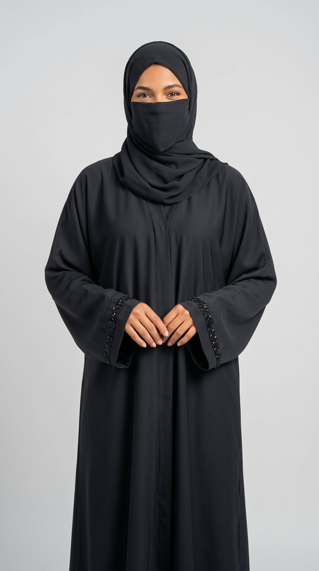 Front-Open Black Abaya with Handcrafted Floral Band Cutdana Cuffs | Premium Nida Handcrafted Cutdana Black Abaya