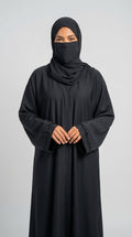 Front-Open Black Abaya with Handcrafted Floral Band Cutdana Cuffs | Premium Nida Handcrafted Cutdana Black Abaya
