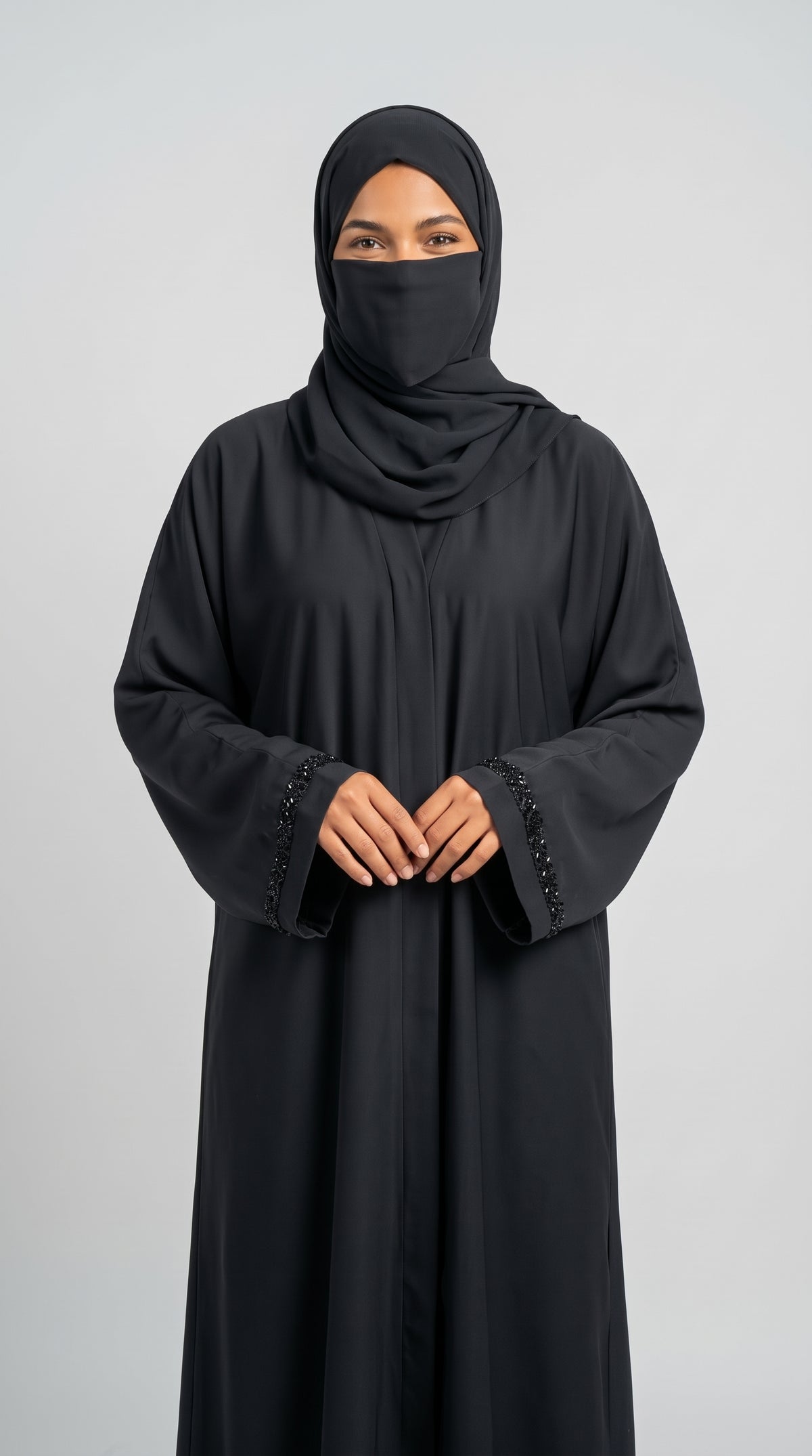 Front-Open Black Abaya with Handcrafted Floral Band Cutdana Cuffs | Premium Nida Handcrafted Cutdana Black Abaya