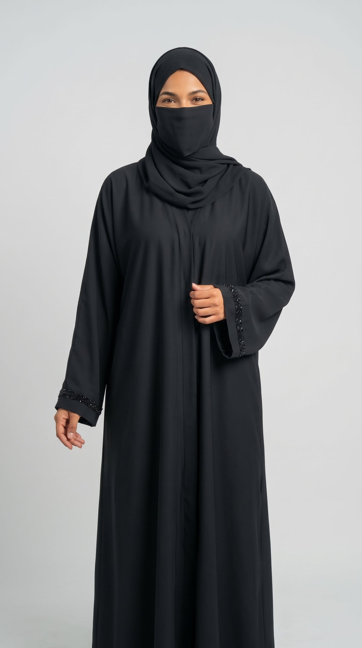 Front-Open Black Abaya with Handcrafted Floral Band Cutdana Cuffs | Premium Nida Handcrafted Cutdana Black Abaya