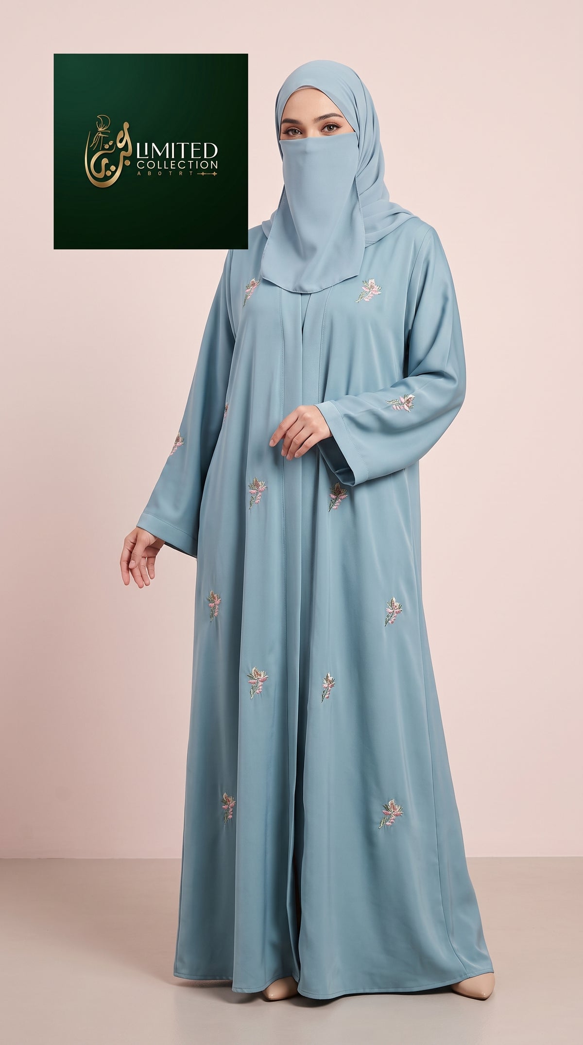 Front-Open Scattered Bloom Embroidery Abaya | Premium Romantic Nida Colored Embroidered Abaya