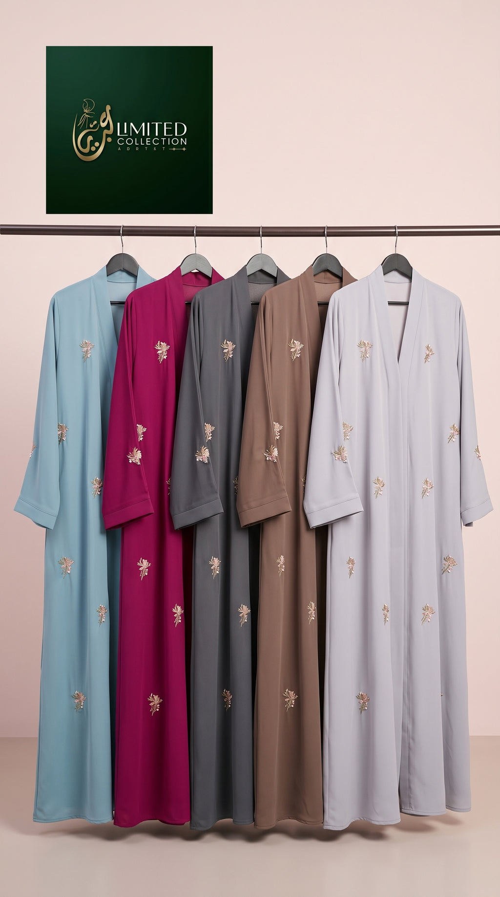 Front-Open Scattered Bloom Embroidery Abaya | Premium Romantic Nida Colored Embroidered Abaya