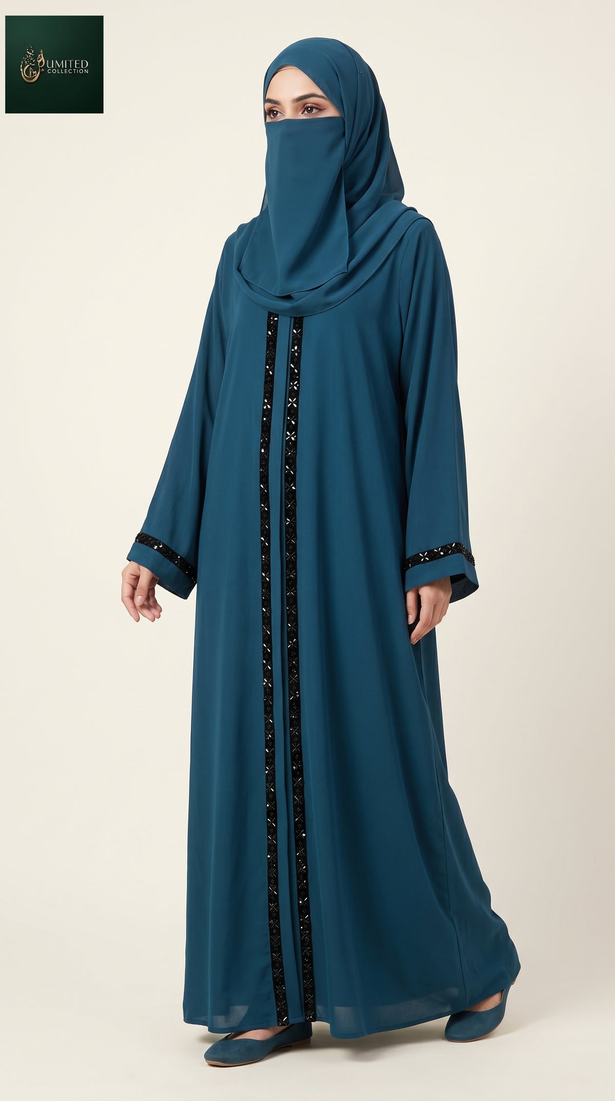 Front-Open Handcrafted Floral Cutdana Abaya | Premium Romantic Nida Cutdana Handwork Colored Abaya