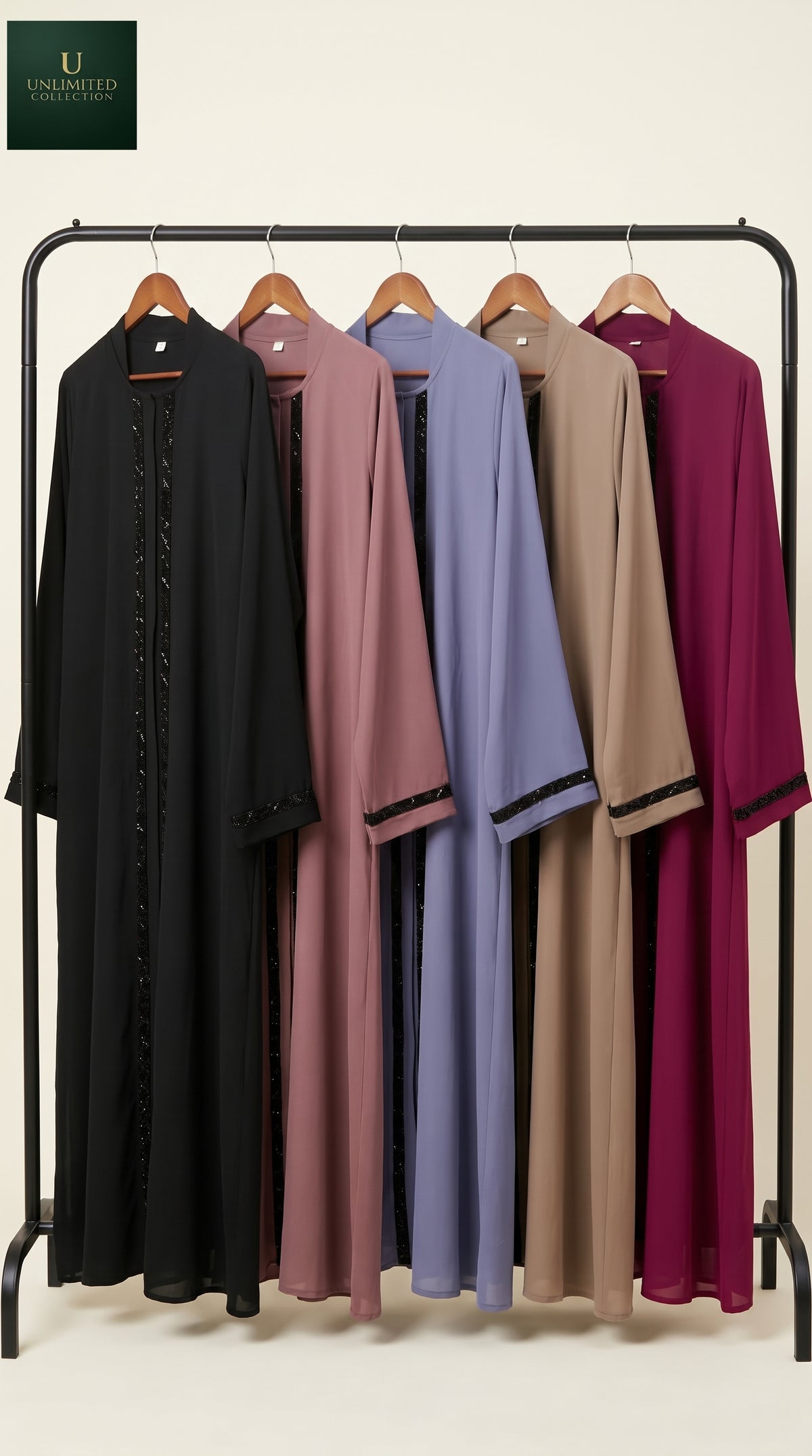 Front-Open Handcrafted Floral Cutdana Abaya | Premium Romantic Nida Cutdana Handwork Colored Abaya