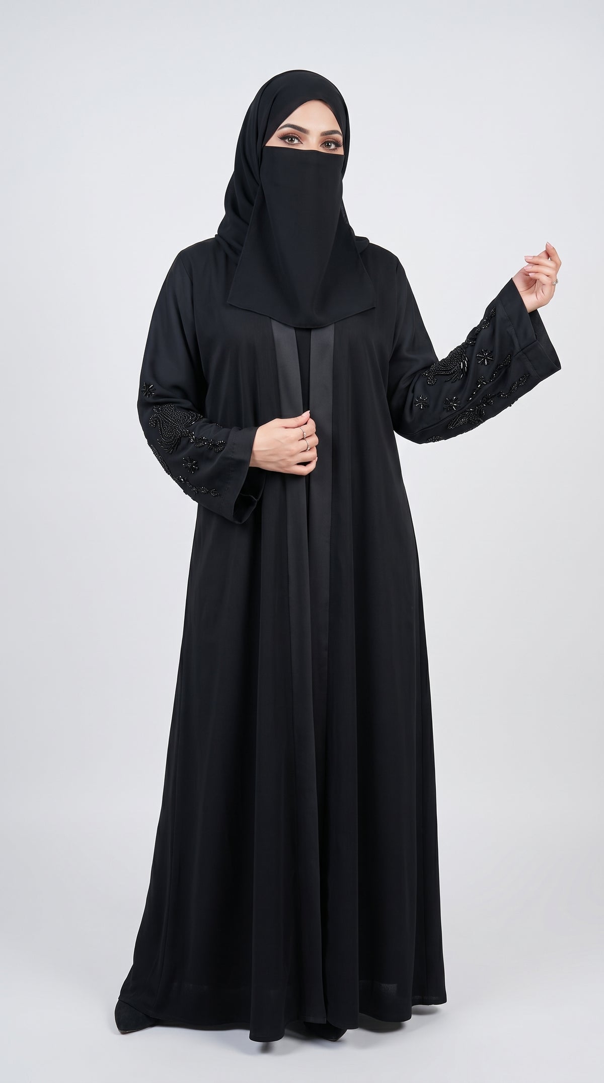 Front-Open Black Abaya with Handcrafted Paisley Cutdana Sleeves | Premium Nida Handcrafted Cutdana Black Abaya