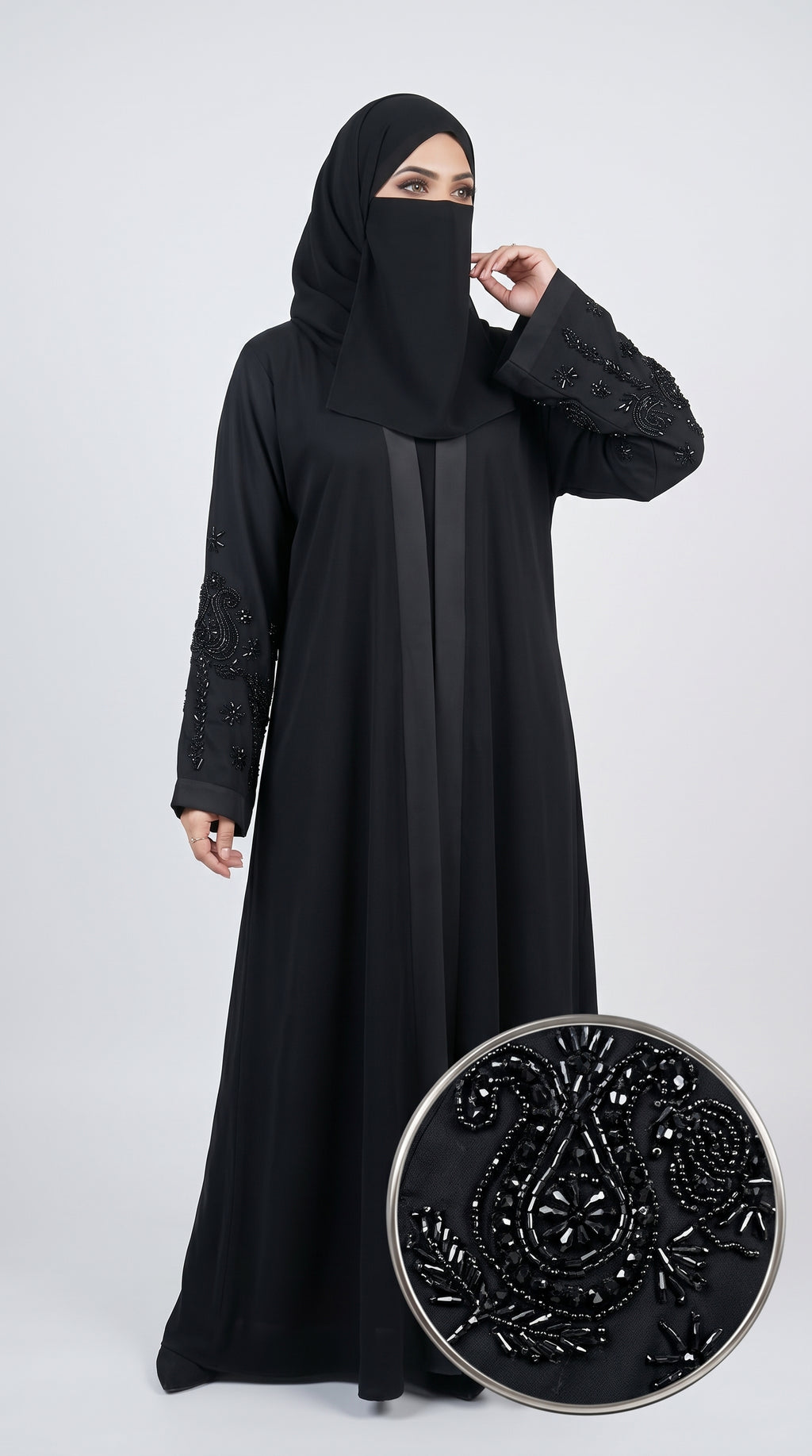 Front-Open Black Abaya with Handcrafted Paisley Cutdana Sleeves | Premium Nida Handcrafted Cutdana Black Abaya