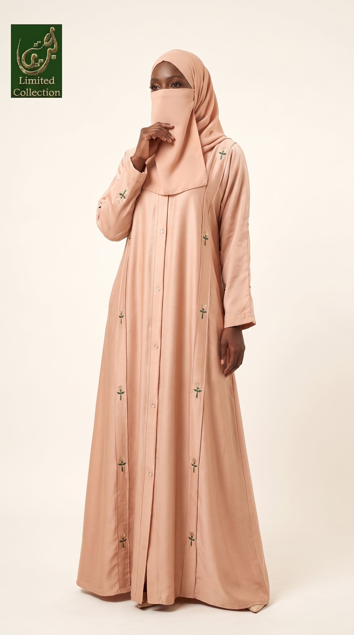 Front-Open Scattered Floral Motifs Embroidered Abaya | Premium Romantic Nida Embroidery Colored Abaya