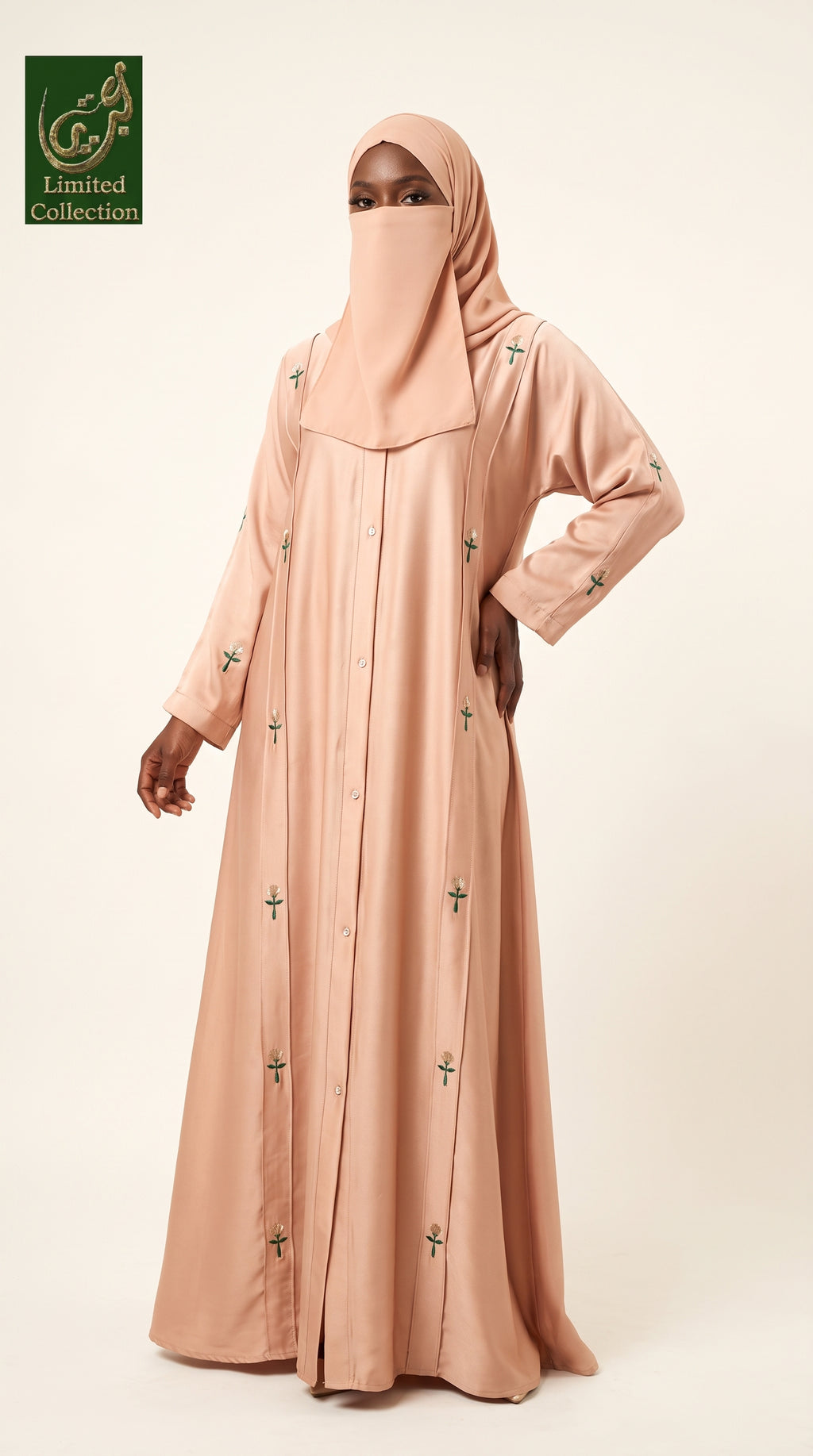 Front-Open Scattered Floral Motifs Embroidered Abaya | Premium Romantic Nida Embroidery Colored Abaya