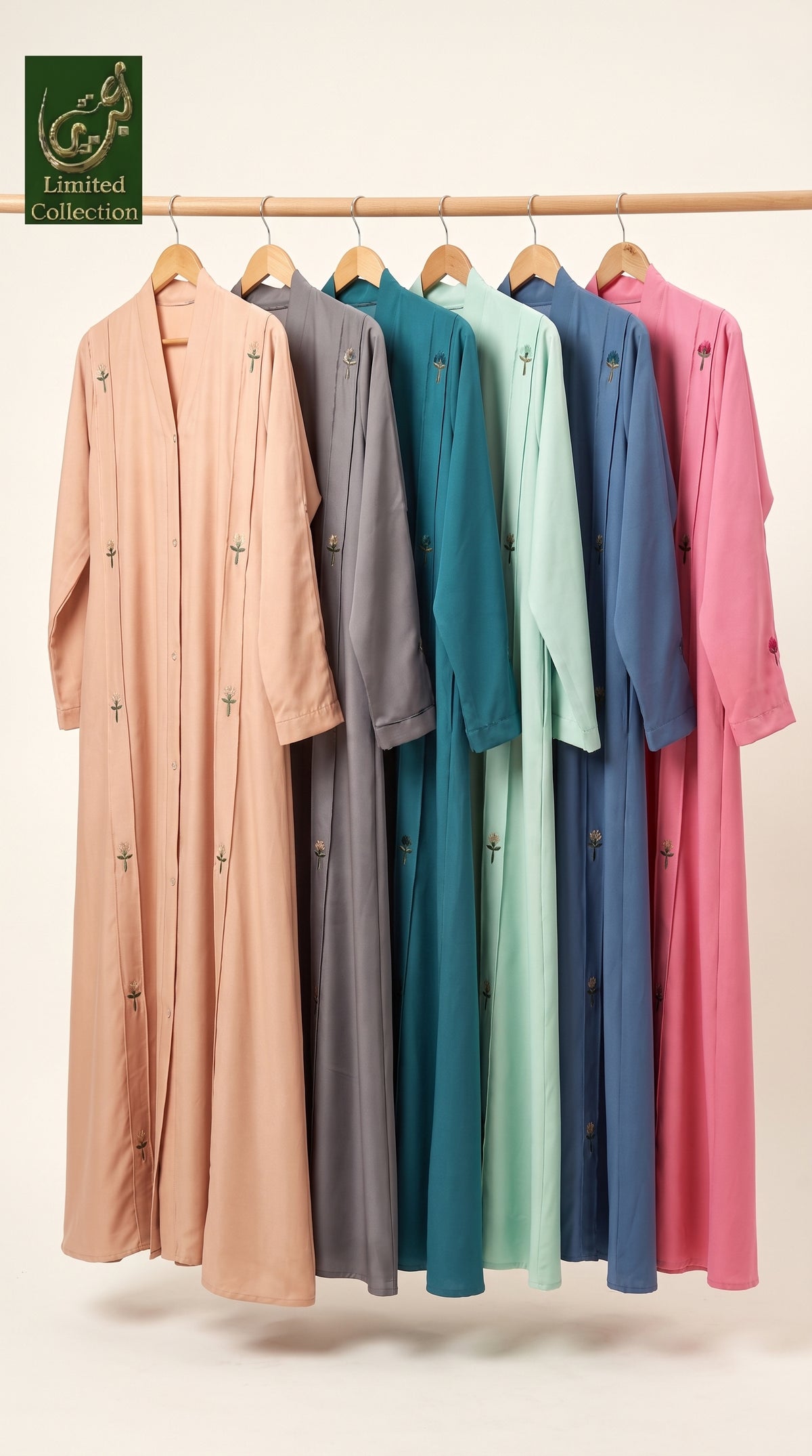 Front-Open Scattered Floral Motifs Embroidered Abaya | Premium Romantic Nida Embroidery Colored Abaya