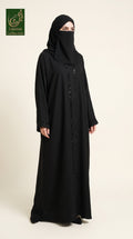 Front-Open Black Handwork Cutdana Abaya | Premium Nida Handcrafted Beaded Black Abaya