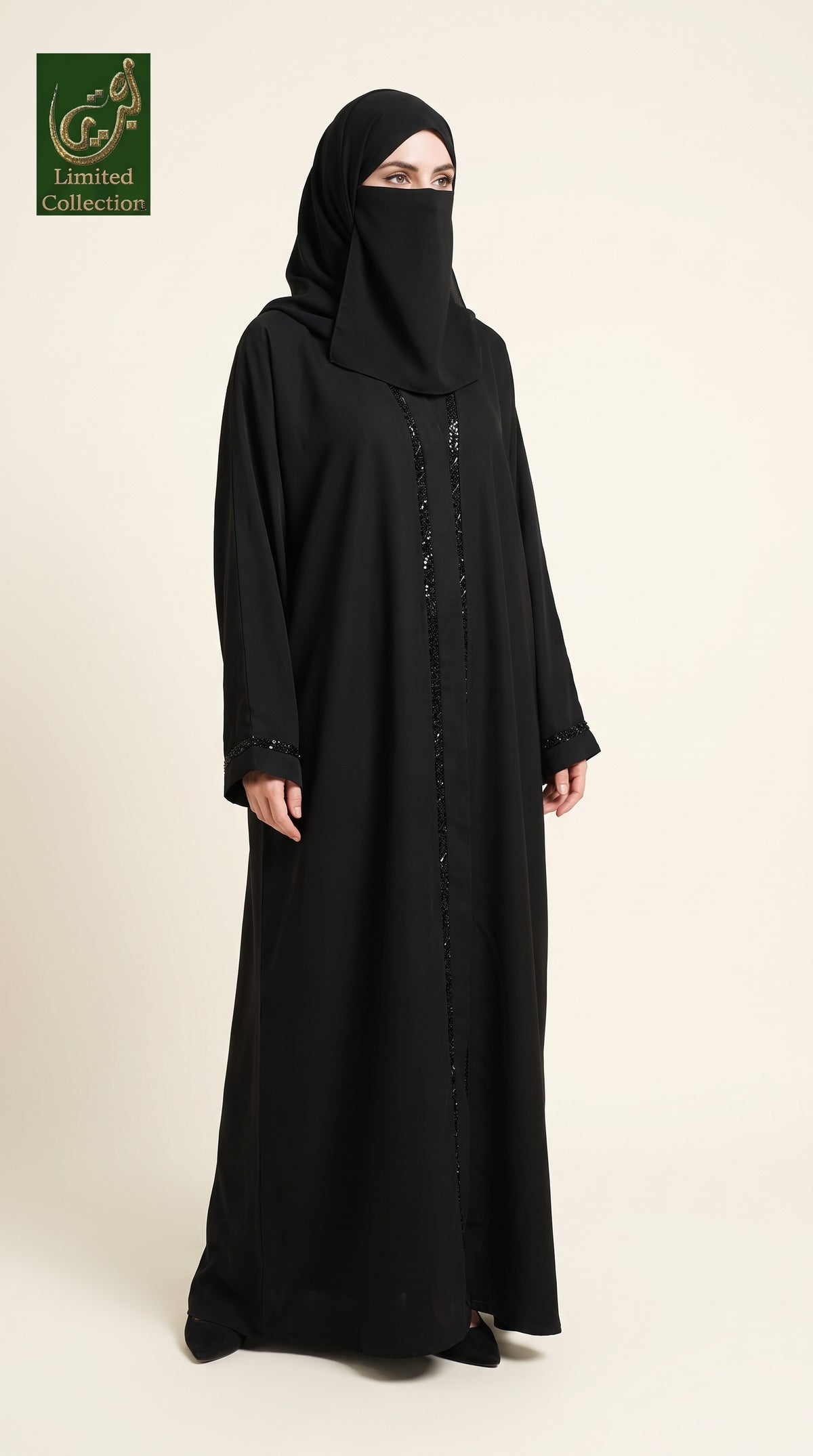 Front-Open Black Handwork Cutdana Abaya | Premium Nida Handcrafted Beaded Black Abaya
