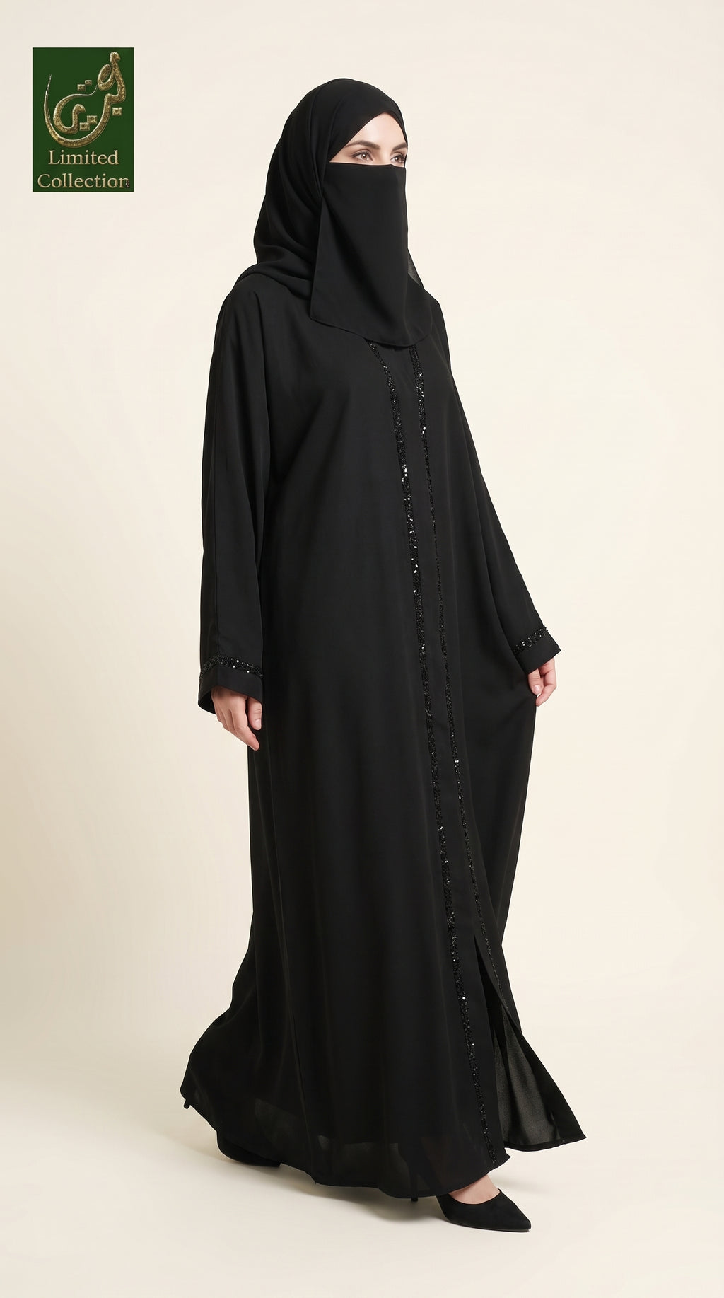Front-Open Black Handwork Cutdana Abaya | Premium Nida Handcrafted Beaded Black Abaya