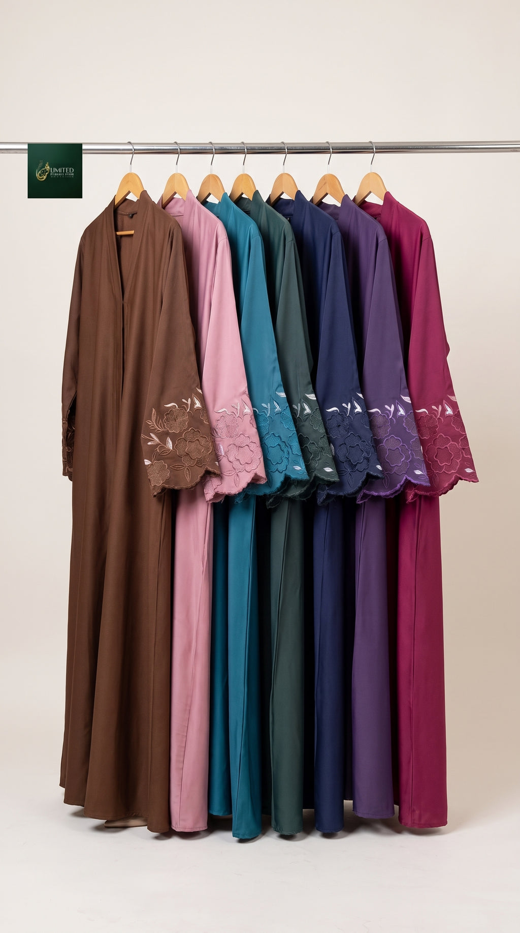 Front-Open Embroidered Cuff Minimal Abaya | Premium Romantic Nida Colored Embroidered Abaya