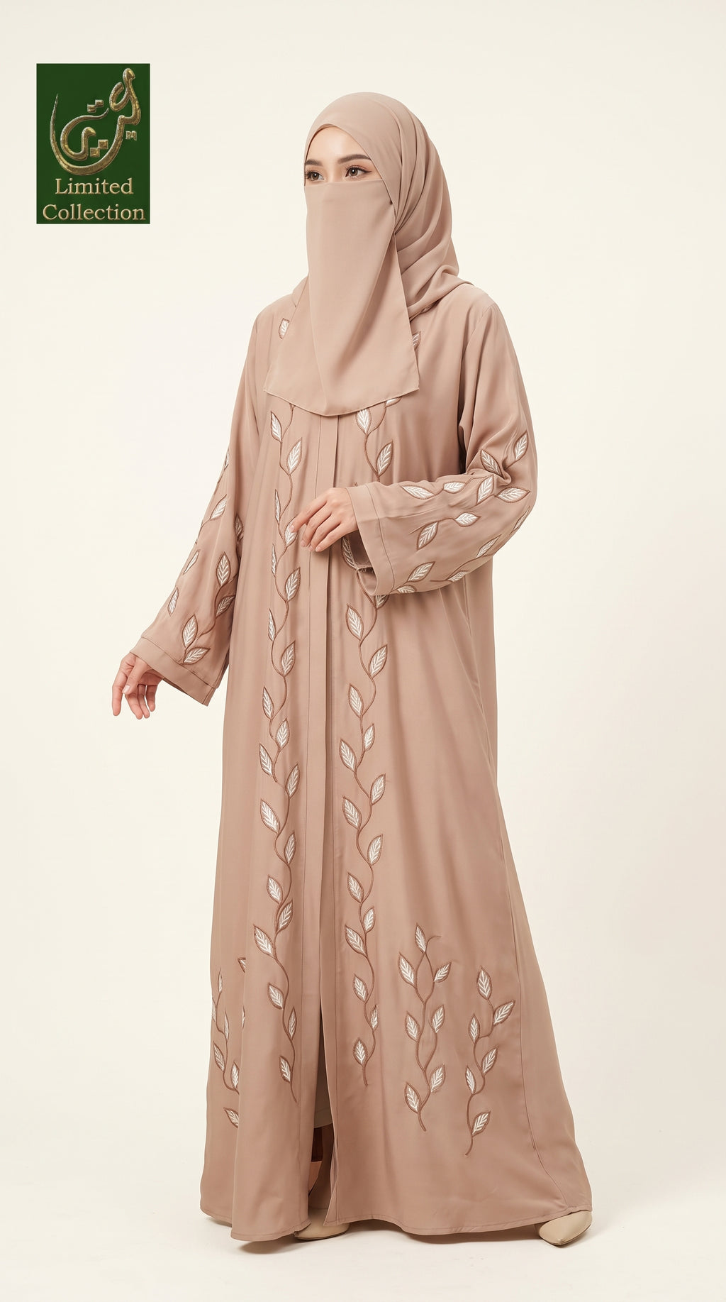 Front-Open Vine Leaf Embroidered Abaya | Premium Romantic Nida Colored Embroidery Abaya